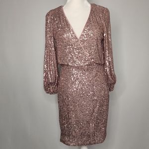 Eliza J Rose Gold Sequin Surplice 3/4 Sleeve Blouson Shift Dress